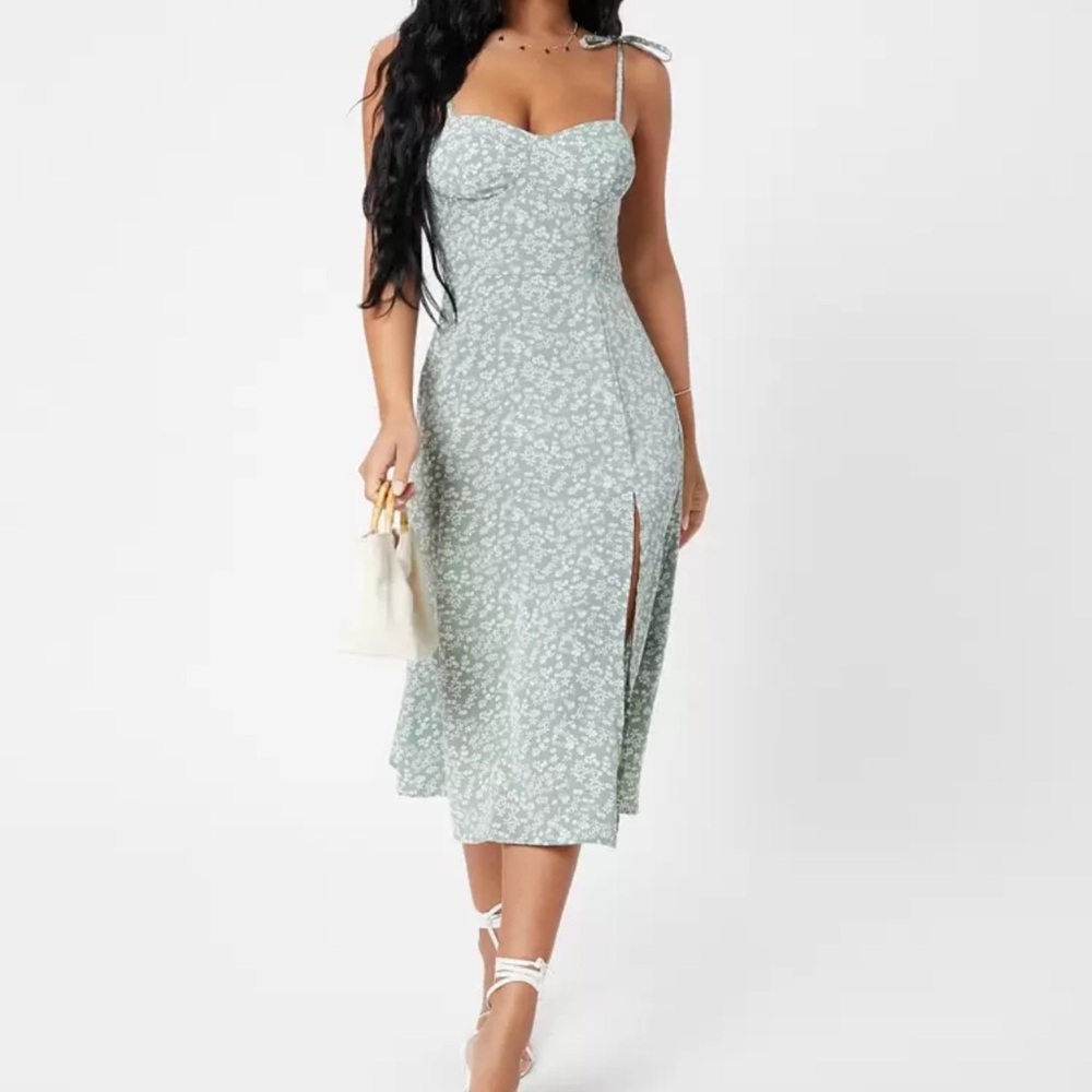 SHEIN Sage Green Floral Tie-Strap Midi Dress